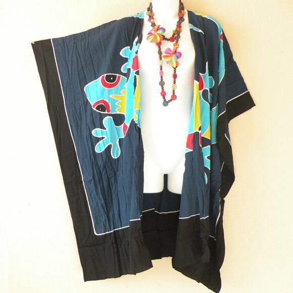 CM72 Gecko Batik Plus 38" Open Hand Painted Cover Up Midi Cardigan fit up to 5X - Picture 1 of 2